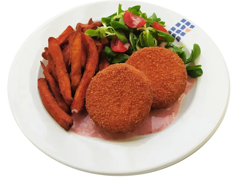 Gebackener Camembert mit Süßkartoffel-Pommes,